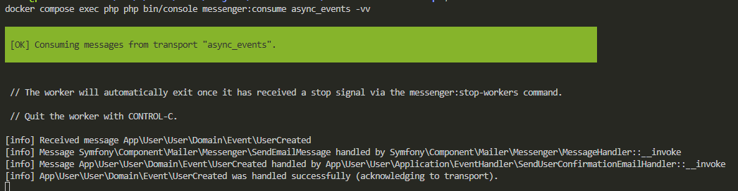 Resultado por consola cuando recibimos un mensaje y lo procesamos con RabbitMQ