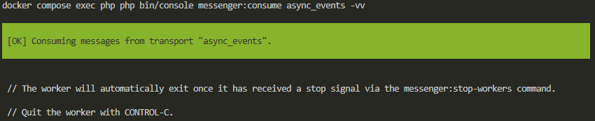Terminal cuando lanzamos el worker de RabbitMQ