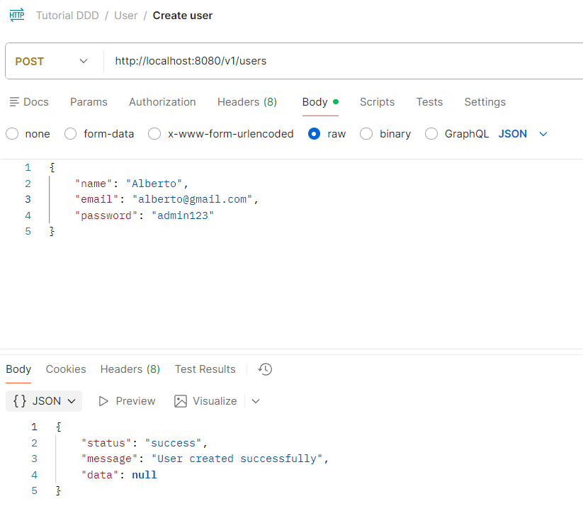 Resultado de creación de un usuario en postman