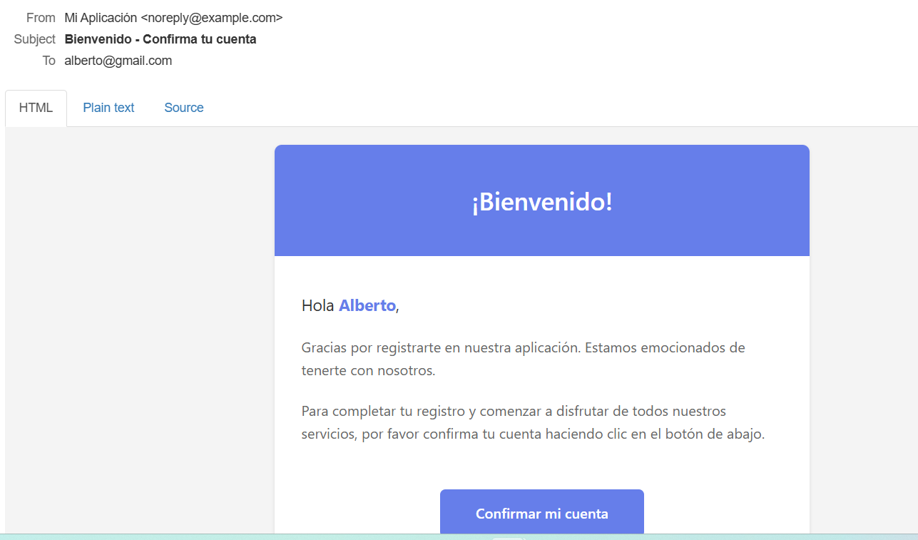 Email recibido para la confirmación del usuario